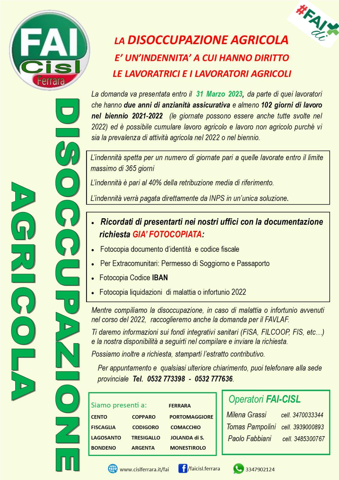 volantino disoccupazione agricola Cisl Ferrara Confederazione